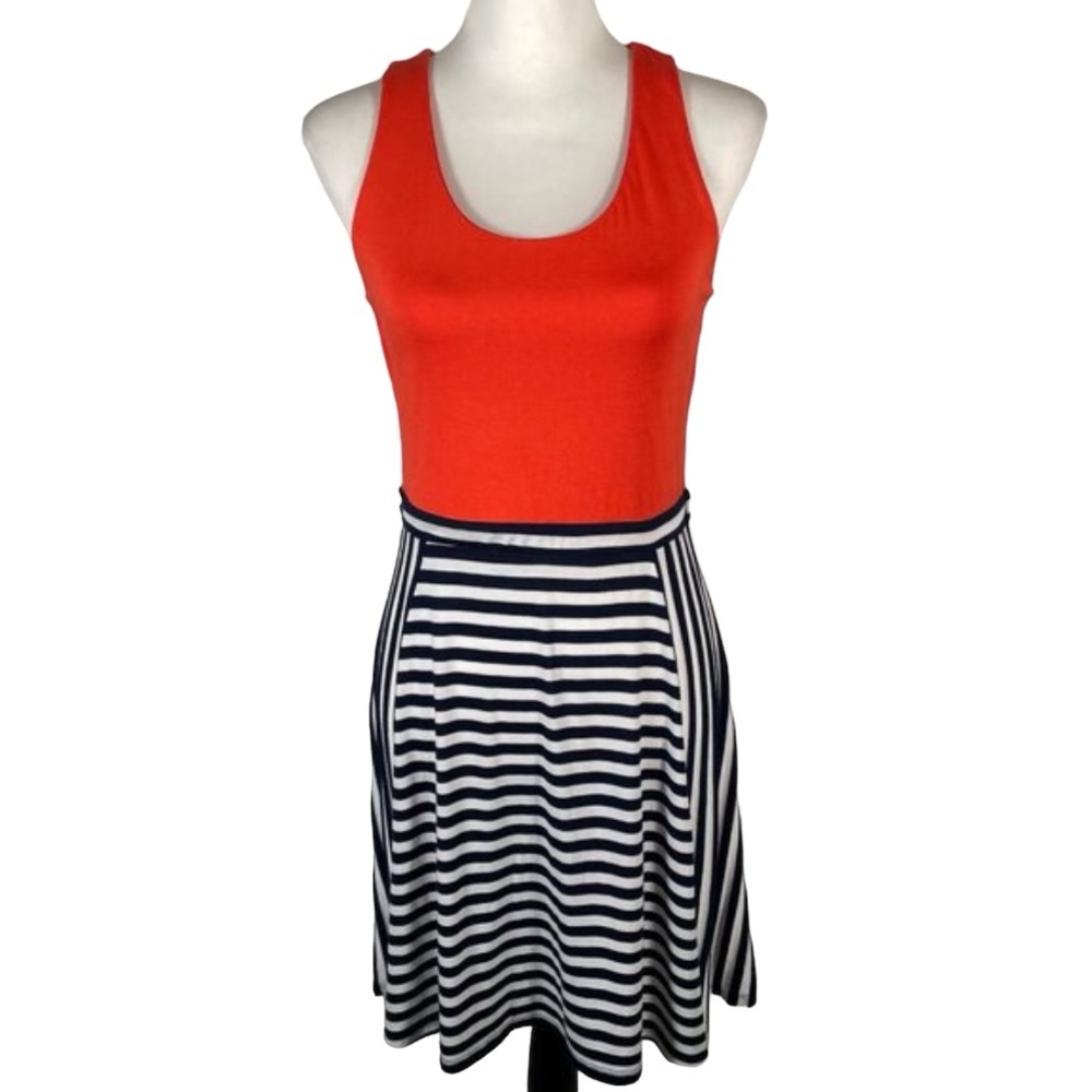 Silvergate Orange Black White Striped Scoopneck Hollow Out Sleeveless Dress L